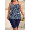 Plus Size Tankini Swimsuits – Athletic Two Piece Bathing Suits with Short for Women Swimwear with Pockets(Blue Floral)