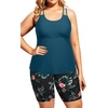 Plus Size Tankini Swimsuits – Athletic Two Piece Bathing Suits with Short for Women Swimwear with Pockets(Teal and Floral)