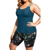 Plus Size Tankini Swimsuits – Athletic Two Piece Bathing Suits with Short for Women Swimwear with Pockets(Teal and Floral)