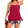 Tempt Me Plus Size Tankini Swimsuits for Women Bandeau Two Piece Bathing Suit Top with Shorts Blouson Swimwear(Red Flowers)