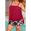 Tempt Me Plus Size Tankini Swimsuits for Women Bandeau Two Piece Bathing Suit Top with Shorts Blouson Swimwear(Red Flowers)