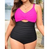 Tempt Me Women Plus Size One Piece Swimsuits – Tummy Control Bathing Suits 2025 Color Block Swimwear(Hot Pink)
