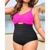 Tempt Me Women Plus Size One Piece Swimsuits – Tummy Control Bathing Suits 2025 Color Block Swimwear(Hot Pink)