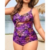 Tempt Me Women Plus Size One Piece Swimsuits – Tummy Control Bathing Suits 2025 Color Block Swimwear(Purple Pink Leaves)