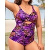 Tempt Me Women Plus Size One Piece Swimsuits – Tummy Control Bathing Suits 2025 Color Block Swimwear(Purple Pink Leaves)