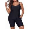 Plus Size Tankini Swimsuits – Athletic Two Piece Bathing Suits with Short for Women Swimwear with Pockets(Black)
