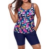 Plus Size Tankini Swimsuits – Athletic Two Piece Bathing Suits with Short for Women Swimwear with Pockets(Colorful Floral)
