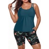 Plus Size Tankini Swimsuits – Athletic Two Piece Bathing Suits with Short for Women Swimwear with Pockets(Teal and Floral)