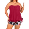 Tempt Me Plus Size Tankini Swimsuits for Women Bandeau Two Piece Bathing Suit Top with Shorts Blouson Swimwear(Red Flowers)