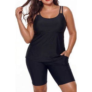 Plus Size Tankini Swimsuits – Athletic Two Piece Bathing Suits with Short for Women Swimwear with Pockets(Black)