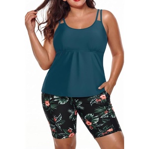 Plus Size Tankini Swimsuits – Athletic Two Piece Bathing Suits with Short for Women Swimwear with Pockets(Teal and Floral)