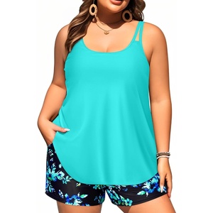 Plus Size Tankini Swimsuits – Women Two Piece Tankini Top with Shorts Flowy Swimsuit 2025 Bathing Suits(Aqua and Blue Floral)