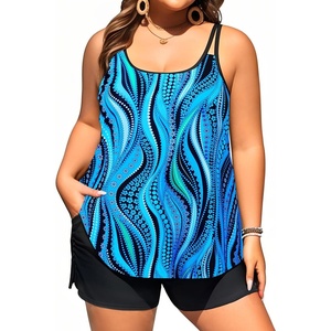 Plus Size Tankini Swimsuits – Women Two Piece Tankini Top with Shorts Flowy Swimsuit 2025 Bathing Suits(Blue Wavy Pattern)