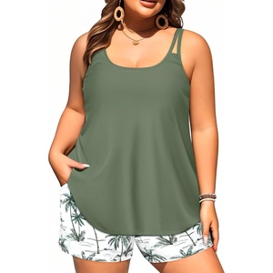 Plus Size Tankini Swimsuits – Women Two Piece Tankini Top with Shorts Flowy Swimsuit 2025 Bathing Suits(Green Palm Tree)
