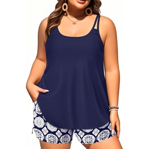 Plus Size Tankini Swimsuits – Women Two Piece Tankini Top with Shorts Flowy Swimsuit 2025 Bathing Suits(Navy Geometric)