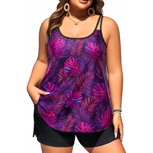 Plus Size Tankini Swimsuits – Women Two Piece Tankini Top with Shorts Flowy Swimsuit 2025 Bathing Suits(Purple Leaves)