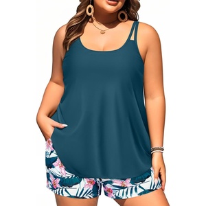 Plus Size Tankini Swimsuits – Women Two Piece Tankini Top with Shorts Flowy Swimsuit 2025 Bathing Suits(Teal Flower)