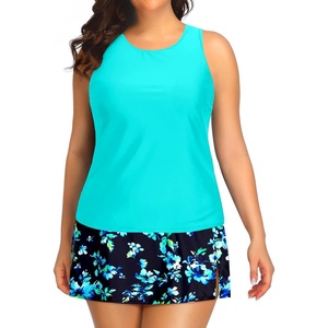 Plus Size Tankini with Skirt – Two Piece Swimsuit for Women Tummy Control Bathing Suit High Neck 2025 Swimwear(Aqua and Blue Floral)