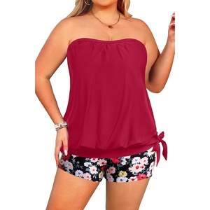 Tempt Me Plus Size Tankini Swimsuits for Women Bandeau Two Piece Bathing Suit Top with Shorts Blouson Swimwear(Red Flowers)