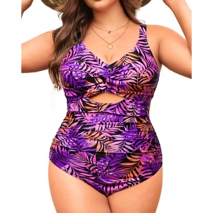 Tempt Me Women Plus Size One Piece Swimsuits – Tummy Control Bathing Suits 2025 Color Block Swimwear(Purple Pink Leaves)