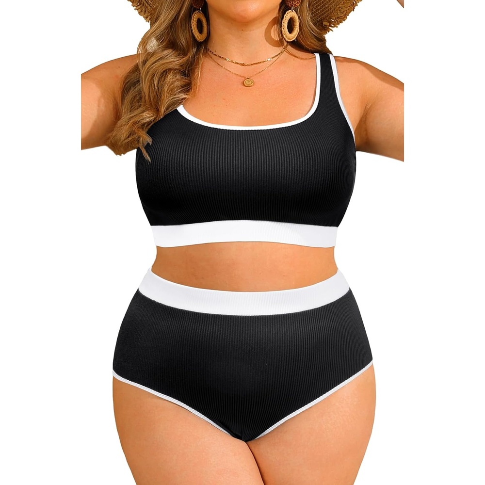 image:imageTempt Me Women Plus Size High Waisted Bikini Set Two Piece Swimsuit Full Coverage Sporty 2 Piece Bathing SuitsBlack White