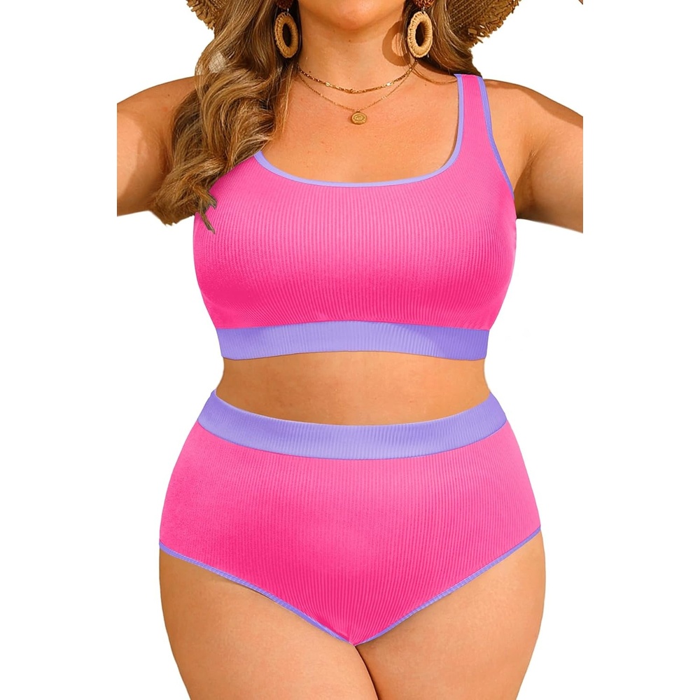 image:imageTempt Me Women Plus Size High Waisted Bikini Set Two Piece Swimsuit Full Coverage Sporty 2 Piece Bathing SuitsPink Purple