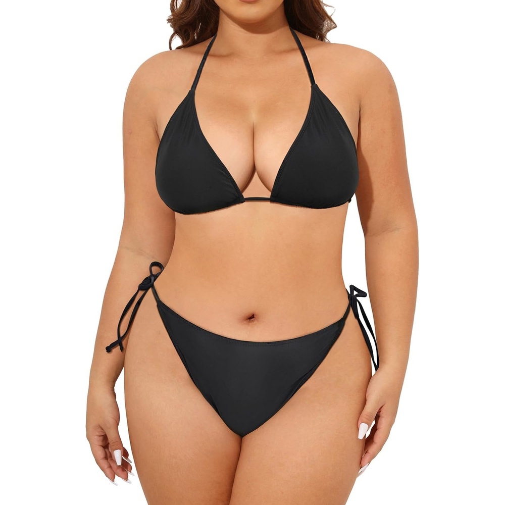 image:imageTempt Me Women Plus Size Sexy Bikini Set String Two Piece Bathing Suit Halter Tie Side SwimsuitBlack