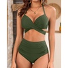 High Waisted Underwire Bikini Sets – Women 2025 Two Piece Swimsuits Halter Bathing Suits with Tummy Control Bottom(Army Green)