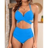 High Waisted Underwire Bikini Sets – Women 2025 Two Piece Swimsuits Halter Bathing Suits with Tummy Control Bottom(Blue)