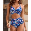 High Waisted Underwire Bikini Sets – Women 2025 Two Piece Swimsuits Halter Bathing Suits with Tummy Control Bottom(Blue Floral)
