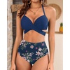 High Waisted Underwire Bikini Sets – Women 2025 Two Piece Swimsuits Halter Bathing Suits with Tummy Control Bottom(Blue Flower)