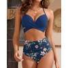 High Waisted Underwire Bikini Sets – Women 2025 Two Piece Swimsuits Halter Bathing Suits with Tummy Control Bottom(Blue Flower)