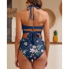 High Waisted Underwire Bikini Sets – Women 2025 Two Piece Swimsuits Halter Bathing Suits with Tummy Control Bottom(Blue Flower)