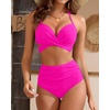 High Waisted Underwire Bikini Sets – Women 2025 Two Piece Swimsuits Halter Bathing Suits with Tummy Control Bottom(Hot Pink)