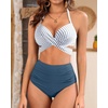High Waisted Underwire Bikini Sets – Women 2025 Two Piece Swimsuits Halter Bathing Suits with Tummy Control Bottom(Striped and Blue)