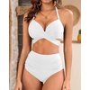 High Waisted Underwire Bikini Sets – Women 2025 Two Piece Swimsuits Halter Bathing Suits with Tummy Control Bottom(White)