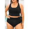 Plus Size Two Piece Swimsuits – Women High Waisted Bikini Scoop Neck Bathing Suit Swimwear(Black)
