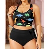 Plus Size Two Piece Swimsuits – Women High Waisted Bikini Scoop Neck Bathing Suit Swimwear(Dinosaur Print)