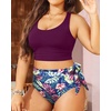 Plus Size Two Piece Swimsuits – Women High Waisted Bikini Scoop Neck Bathing Suit Swimwear(Purple Leaf)