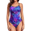 Tempt Me Athletic One Piece Swimsuits for Women Training Sport Tummy Control Bathing Suits(Blue Purple Leaves)