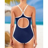 Tempt Me Athletic One Piece Swimsuits for Women Training Sport Tummy Control Bathing Suits(Navy Blue White-ribbed)
