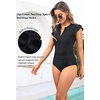 Tempt Me One Piece Swimsuits for Women Zip Front Rash Guard Short Sleeve Tummy Control Surfing Sport Bathing Suits(Black)