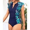 Tempt Me One Piece Swimsuits for Women Zip Front Rash Guard Short Sleeve Tummy Control Surfing Sport Bathing Suits(Blue Leaf)