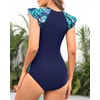 Tempt Me One Piece Swimsuits for Women Zip Front Rash Guard Short Sleeve Tummy Control Surfing Sport Bathing Suits(Blue Leaf)