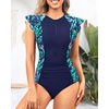 Tempt Me One Piece Swimsuits for Women Zip Front Rash Guard Short Sleeve Tummy Control Surfing Sport Bathing Suits(Blue Leaf)
