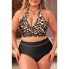 Tempt Me Women Plus Size Bikini High Waisted Swimsuits Mesh Tummy Control Two Piece Bathing Suit(Black Leopard)