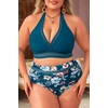 Tempt Me Women Plus Size Bikini High Waisted Swimsuits Mesh Tummy Control Two Piece Bathing Suit(Blue Flower)