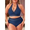 Tempt Me Women Plus Size Bikini High Waisted Swimsuits Mesh Tummy Control Two Piece Bathing Suit(Dark Blue)