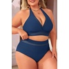 Tempt Me Women Plus Size Bikini High Waisted Swimsuits Mesh Tummy Control Two Piece Bathing Suit(Dark Blue)