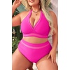 Tempt Me Women Plus Size Bikini High Waisted Swimsuits Mesh Tummy Control Two Piece Bathing Suit(Hot Pink)